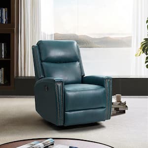 Regina 30.31 in. Wide Turquoise Genuine Leather Swivel Rocker Recliner with Nailhead Trims