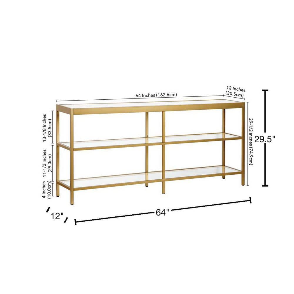 Evelyn & Zoe 64" Brass-Tempered Glass Console Table with Storage