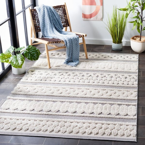 Cottage Ivory/Gray 7 ft. x 7 ft. Striped High-Low Indoor/Outdoor Square Area Rug