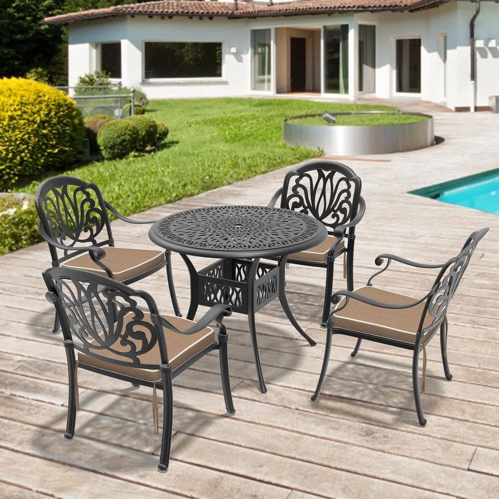 Black 5-Piece Cast Aluminum Patio Furniture Set with Brown Cushions and Round Dining Table for Garden and Patio price history on PriceWatchPro