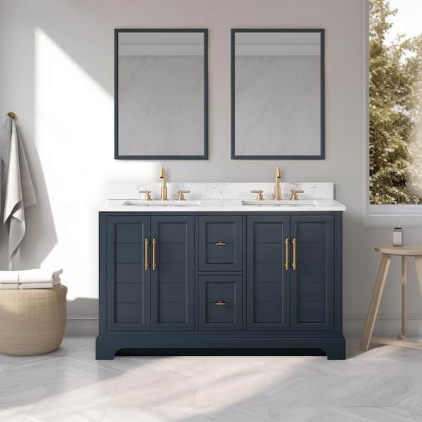 54 in. W x 22 in. D x 34.5 in. H Double Sink Vintage Spruce Blue Bath Vanity with White Engineered Marble Top