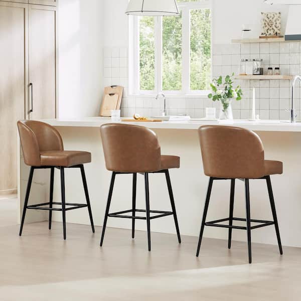 Spruce & Spring 26 in. Cynthia Saddle Brown High Back Metal Swivel Counter Stool with Faux Leather Seat (Set of 3)