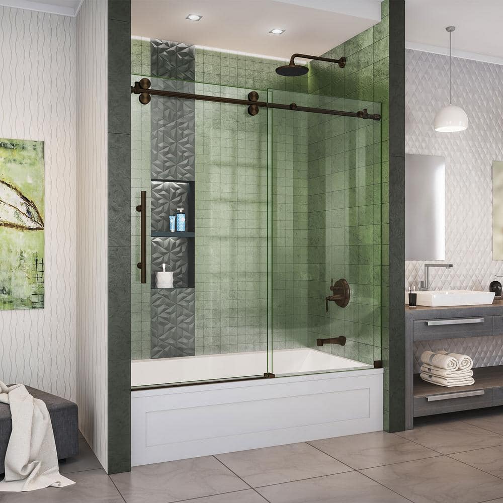 Enigma-XO 55-59" Frameless Sliding Shower Door with Polished Stainless Steel Hardware