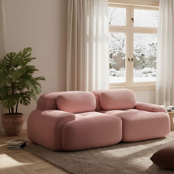 SMZO 81.8 in. Corduroy Modular Sectional Sofa with Curved Arms in. Coral Blush