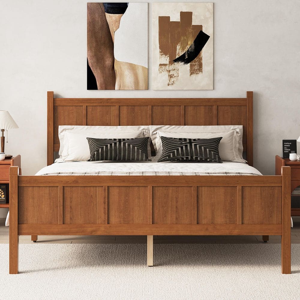 Walnut/Brown Wood Frame Queen Size Platform Bed with Headboard & Footboard,wood Grain Finish