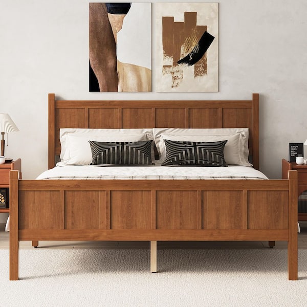 Walnut/Brown Wood Frame Queen Size Platform Bed with Headboard & Footboard,wood Grain Finish