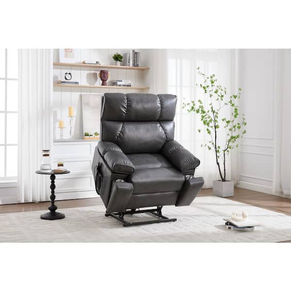 Vanessa Oversized Dark Gray Upholstered Faux Leather Power Lift Recliner with Heat Massage, Cup Holders, Power Remote