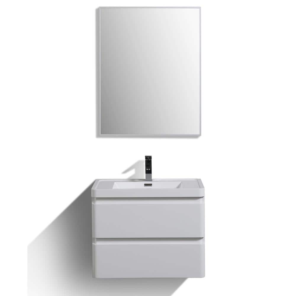 Glossy White 28" Wall Mount Bathroom Vanity with Marble Top