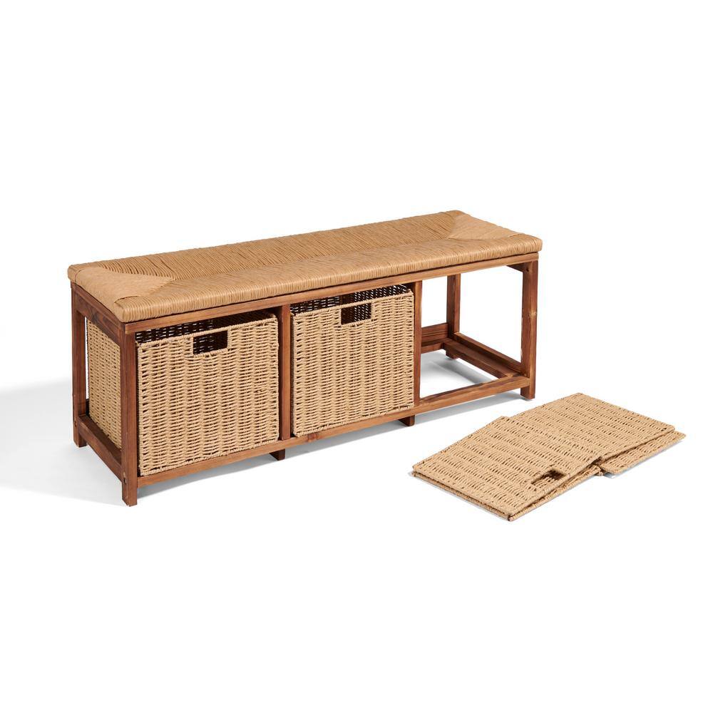 Brown Pine Kid's Storage Bench with Woven Top and Baskets