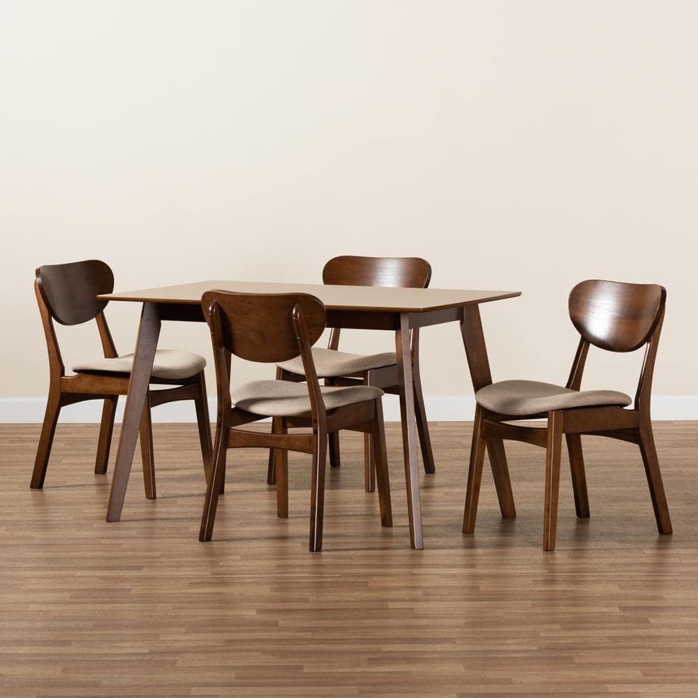 Katya Walnut Brown and Sand Fabric Mid-Century Modern 5-Piece Dining Set