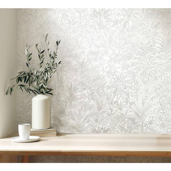 Meilani White and Silver Palm Landscape Wallpaper
