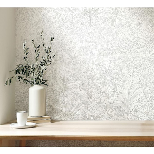 Meilani White and Silver Palm Landscape Wallpaper Sample