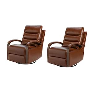 Joseph Genuine Leather Swivel BROWN Manual Recliner with Wooden Arm Accents and Straight Tufted Back Cushion (Set of 2)