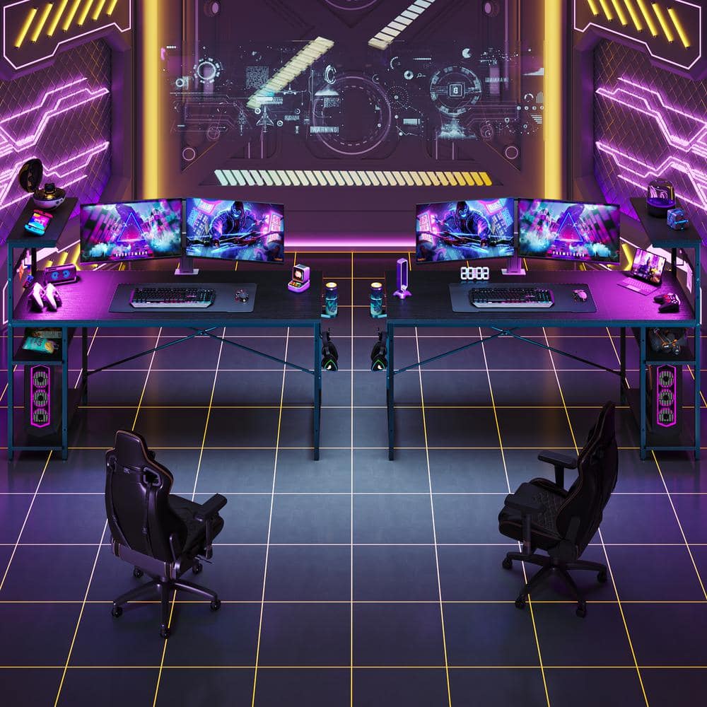 Bestier 61 Inch Black Grained Gaming Desk with Shelves