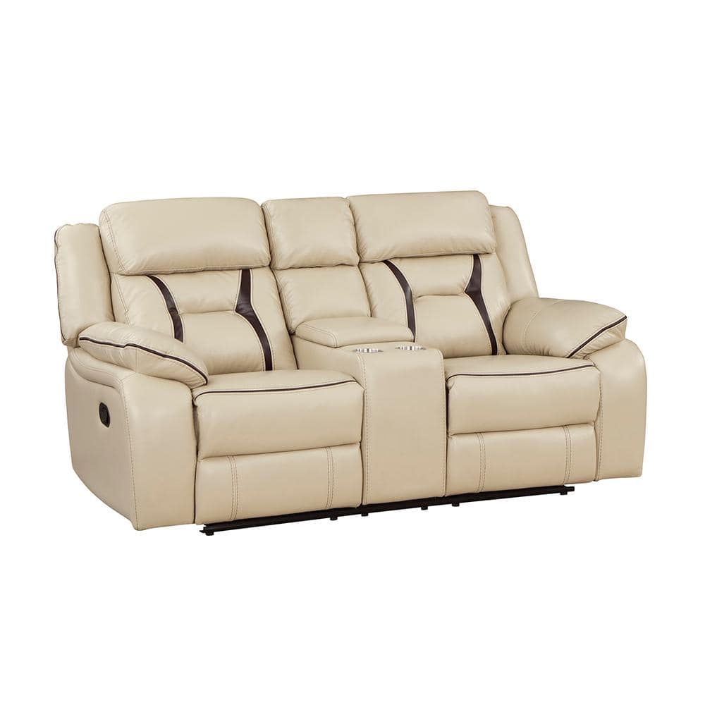 Beige Faux Leather Reclining Loveseat with Cup Holder