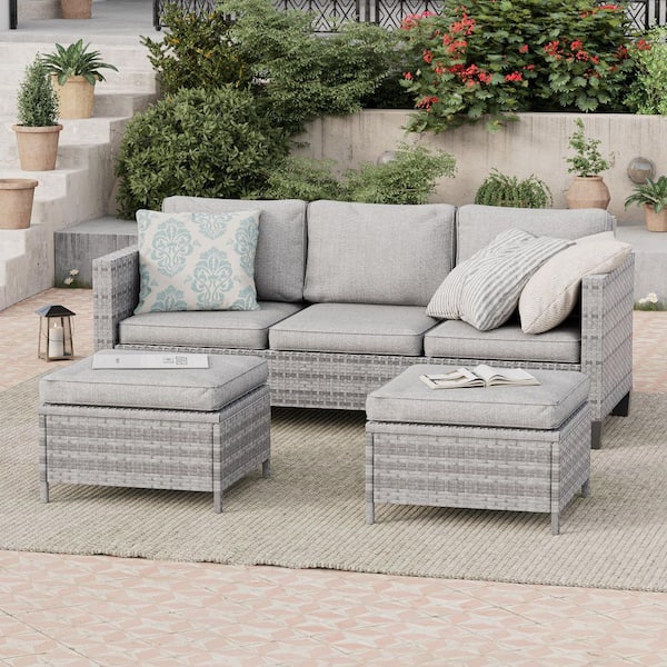 Sonkuki 3-Piece Grey Rattan Patio Sofa Set Outdoor Furniture Set 3-Seat Sofa Ottomans With Cushions, Linen Grey