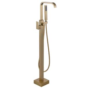 1-Handle Freestanding Floor Mount Tub Faucet Bathtub Filler with Hand Shower in Gold