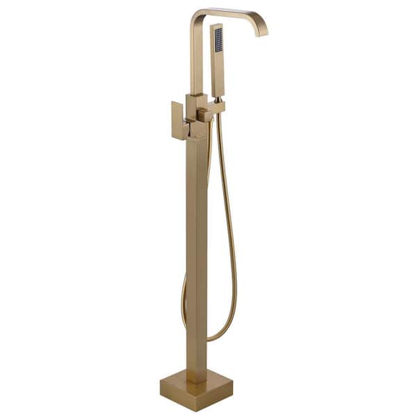 IVIGA 1-Handle Freestanding Floor Mount Tub Faucet Bathtub Filler with Hand Shower in Gold