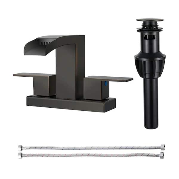 Waterfall 304 Stainless Steel 4 in. Centerset Double Handle Bathroom Faucet with Drain Kit Included in Oil Rubbed Bronze