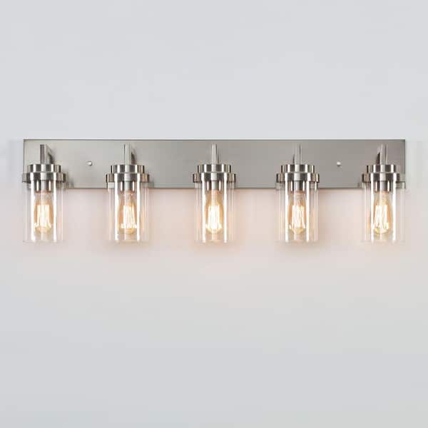 36 in. 5-Light Brushed Nickel Vanity Light with Clear Glass Shade