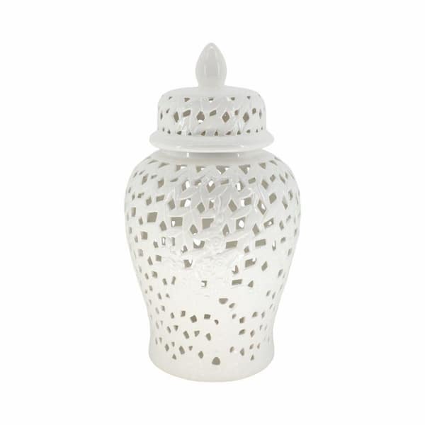 Liv & Skye 24 in. White Ceramic Pierced Cut-Out Decorative Jar