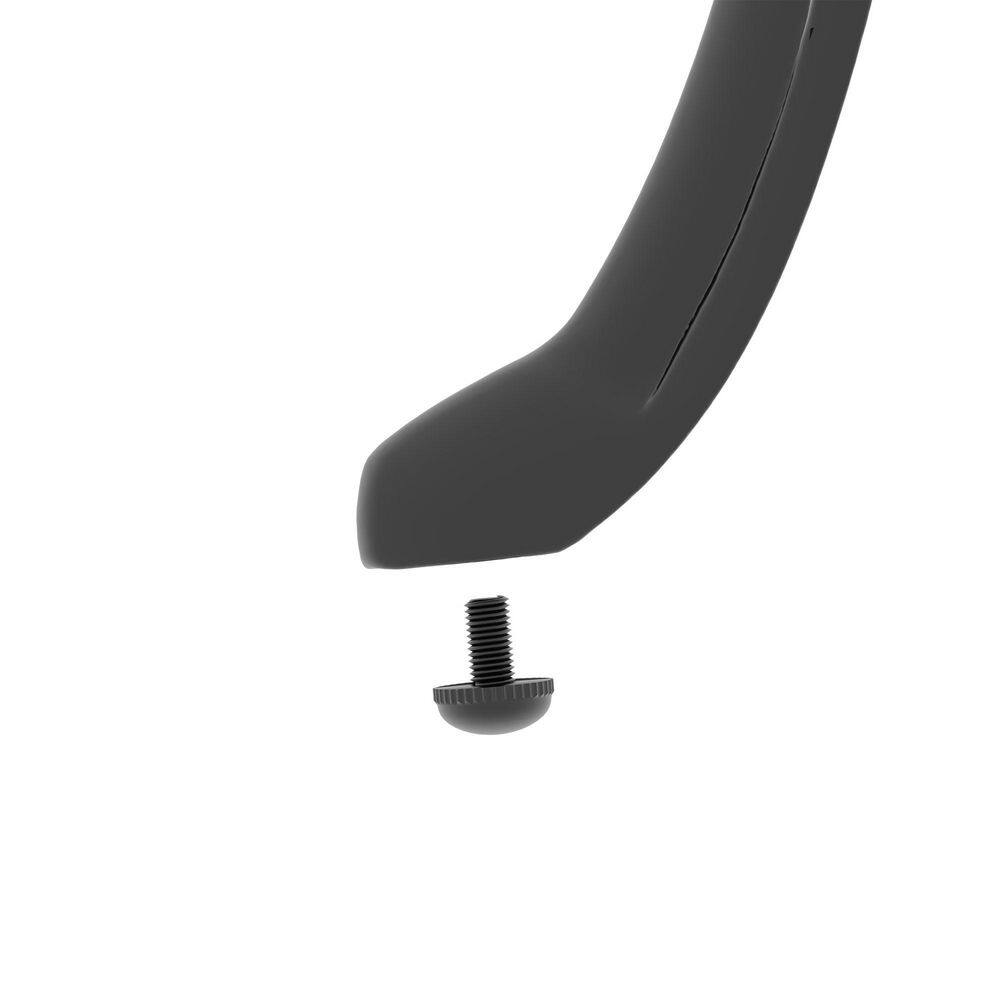Close-up of a black screw and the aluminum frame of the chair.