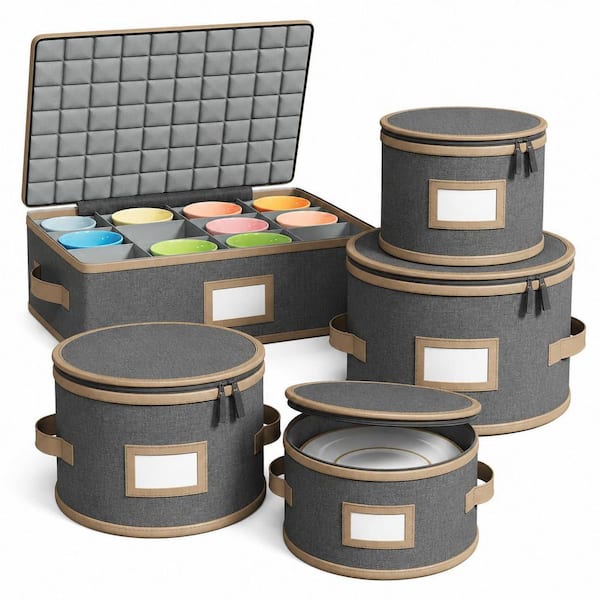 5-Piece Hard Shell Dinnerware Storage Containers Set with Quilted Dividers for Plates and Mugs, Gray