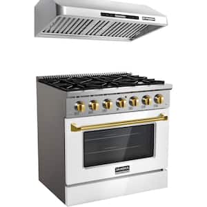 36 in. 900 CFM Ducted Under Cabinet Range Hood and 36 in. 5.2 cu. ft. Gas Range with Convection Oven in Glossy White