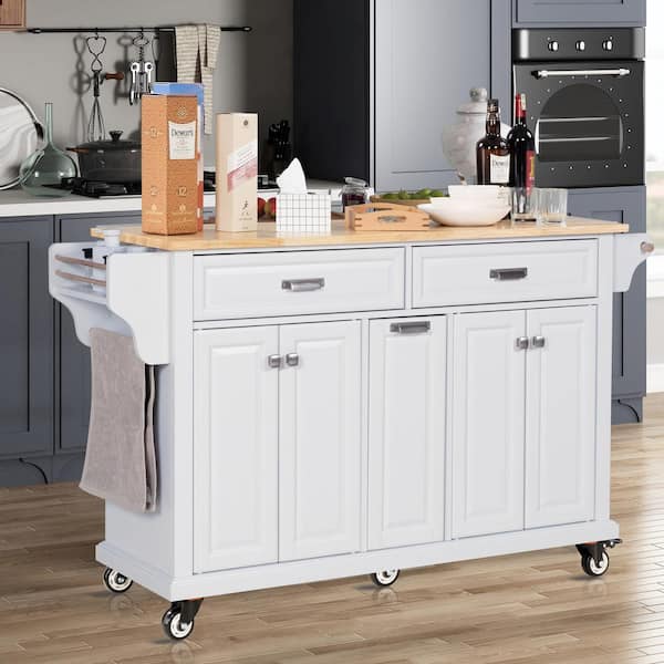 Staykiwi White Rubberwood Kitchen Cart with Spice Rack, Towel Rack, Adjustable Shelves and 3-Drawers