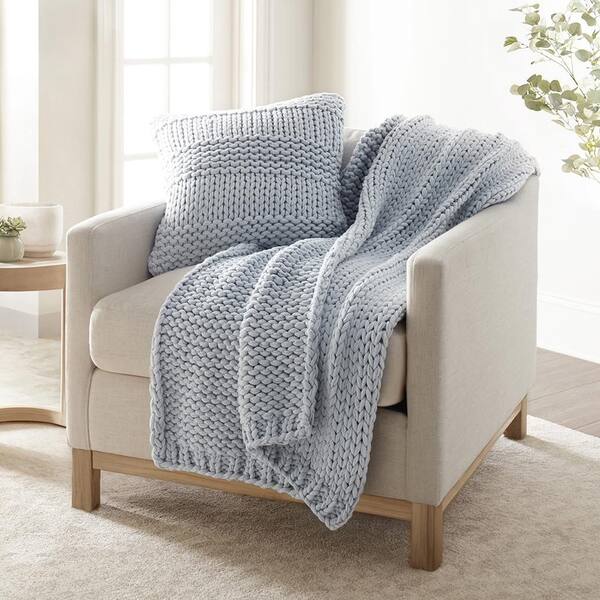 Chunky Knit Light Blue Decorative Throw Pillow and Blanket Set - 59 in. x 47 in.