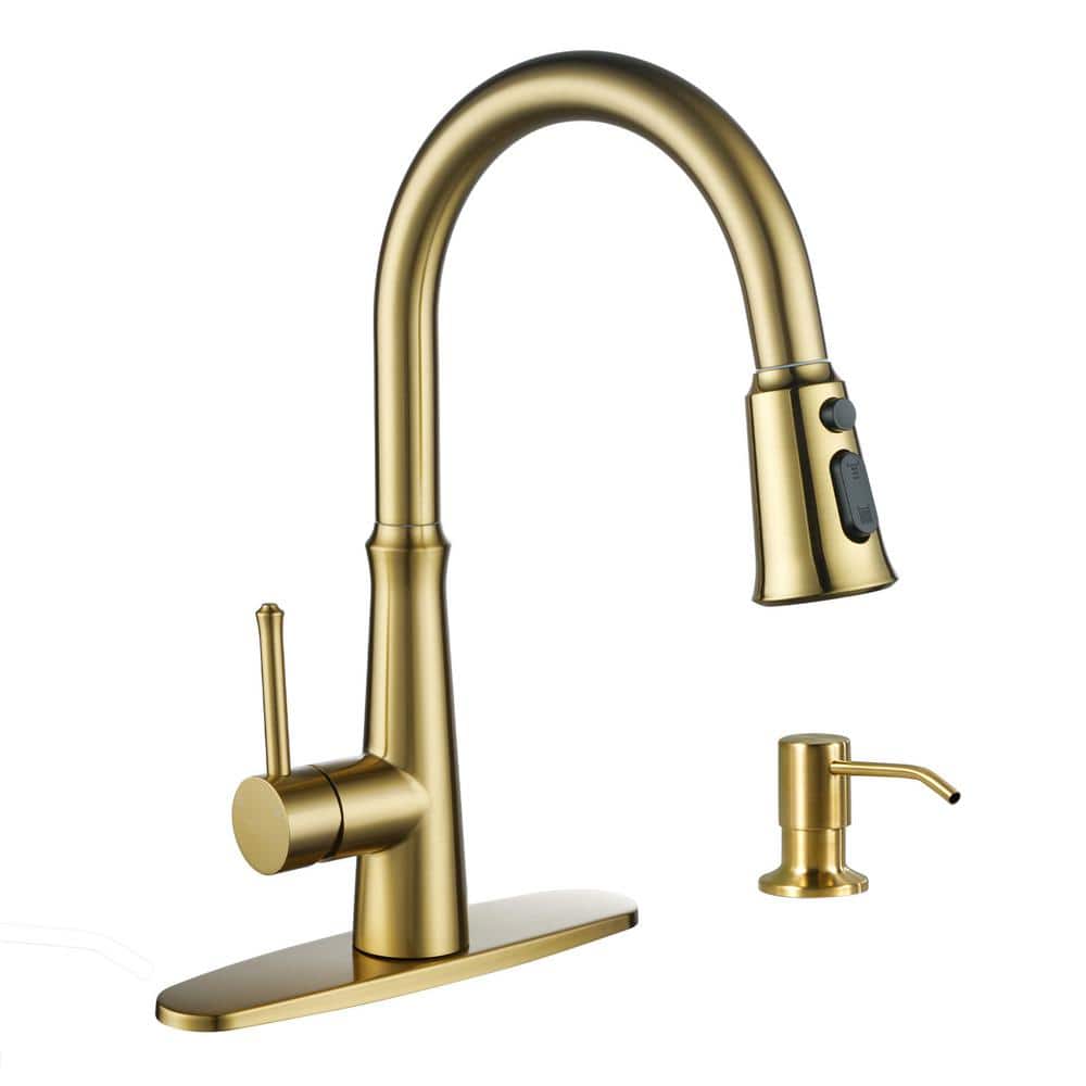 Gold Stainless Steel High-Arc Kitchen Faucet with Pull-out Spray