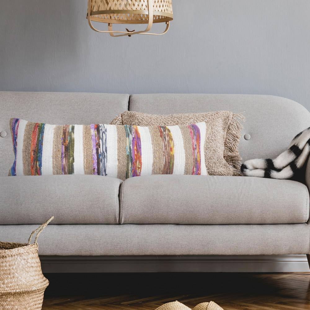 Natural Jute and Multicolored Cotton Striped Rectangular Throw Pillow