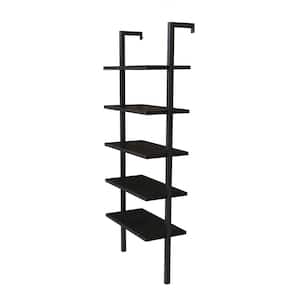Minimalist 70.8 in. Black Wooden 5 Shelves Wall Mount Ladder Bookcase with Black Steel Frame