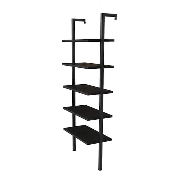 mieres Minimalist 70.8 in. Black Wooden 5 Shelves Wall Mount Ladder Bookcase with Black Steel Frame