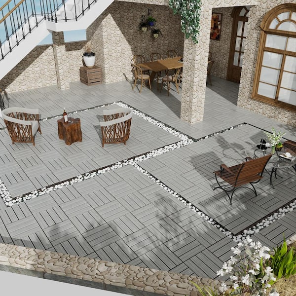 11.8 in. W x 11.8 in. L Outdoor Striped Pattern WPC Composite Interlocking Flooring Deck Tiles (Set of 22) in Gray