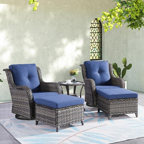 ArcoBay 5-Piece Gray Wicker Outdoor Rocking Swivel Chairs Patio Conversation Set with Navy Blue Cushions and Ottomans