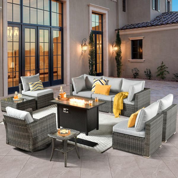 weaxty W Daffodil C Gray 10-Piece Wicker Patio Fire Pit Conversation Sofa Set with Swivel Rocking Chairs and Gray Cushions