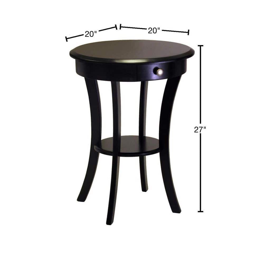 Transitional Sasha 20" Round Black Wood & Stone Table with Storage