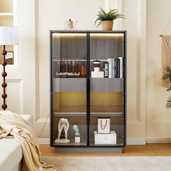 Grey 60.6 in. Accent Cabinet, Pantry Cabinet with 2-Storage Drawers, Glass Doors and LED Lighting, Adjustable Shelves