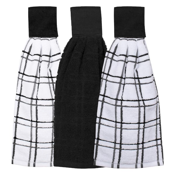 RITZ Black Cotton Solid and Multi-Check Tie Towel Set (3-Pack)
