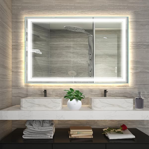 Lonni 48 in. W x 32 in. H Rectangular Frameless Anti-Fog Front and Rear LED Lighted Wall Bathroom Vanity Mirror and Dimming