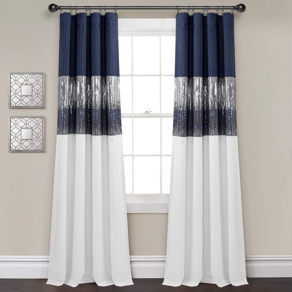 Lush Decor Luxury Vintage Velvet and Sheer with Border Pompom Trim Window Curtain Panel Blue Single 42x84