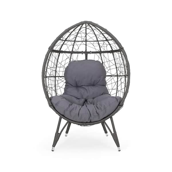 Zeus & Ruta Gray PE Rattan Wicker Iron Outdoor Lounge Chair with Gray Cushions