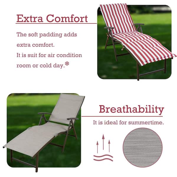 KOZYARD Cozy Aluminum Folding Outdoor Reclining 7 Adjustable Chaise Lounge  Chair with Beige White Stripe Cushion