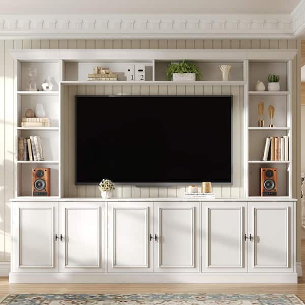 White Versatile TV Stand, Wall Unit Entertainment Center Fits TV's up to 70 in. with Adjustable Shelf, Bridge