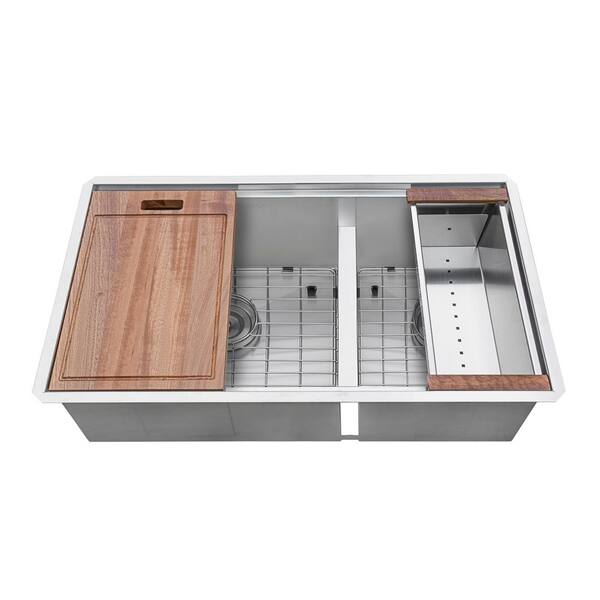 Ruvati 33-inch Workstation Double Bowl Undermount Sink – 16 Gauge Stainless Steel With Cutting Board, Colander & Drying Rack (RVH8356)