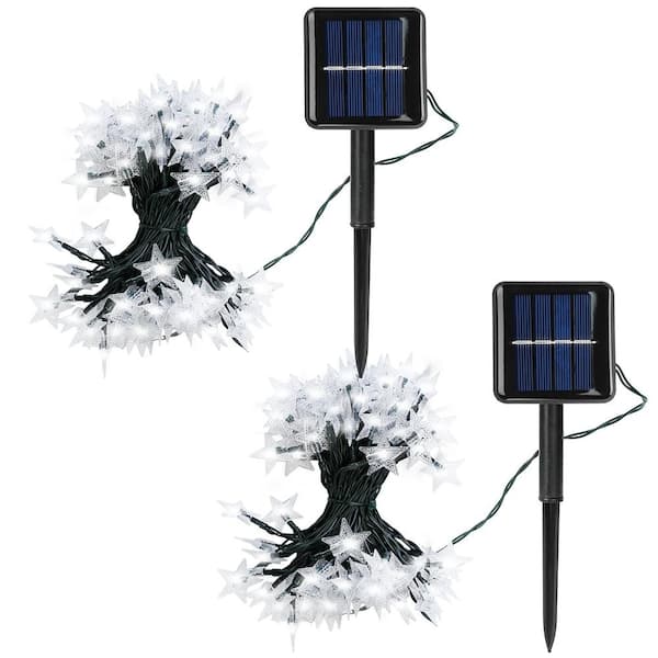 Etokfoks 2-Piece 100 Light 39.3 ft. Outdoor Solar Powered White Integrated LED Waterproof Fairy Star-Shaped String -Light