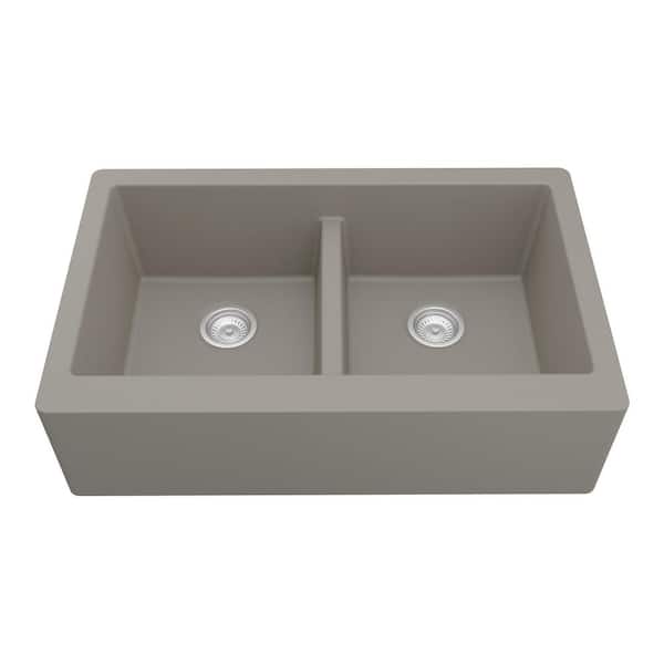 Farmhouse Apron Front Quartz/Granite Composite 34 in. Double Bowl Kitchen Sink in Concrete