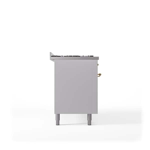 Nostalgie II 60 in. 9 Burner+Griddle Freestanding Double Oven Dual Fuel Range in White with Brass