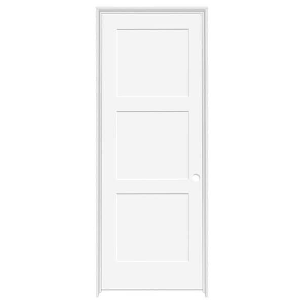 Steves & Sons 24 in. x 80 in. 3-Panel Equal Shaker White Primed LH Solid Core Wood Single Prehung Interior Door with Bronze Hinges